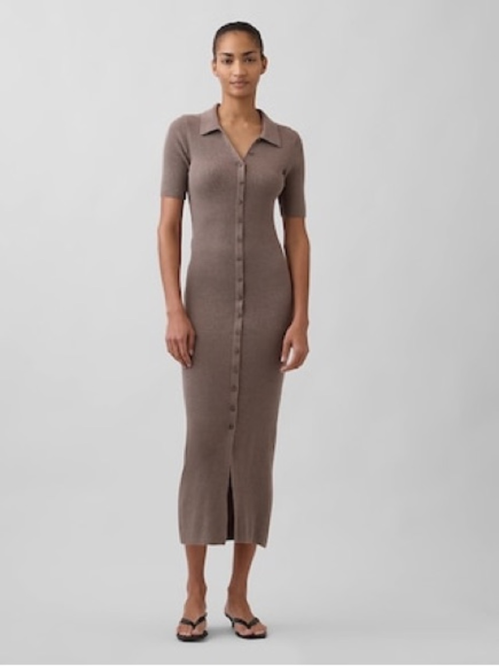 GAP Taupe Button-Front Collared Knit Midi Dress NWT